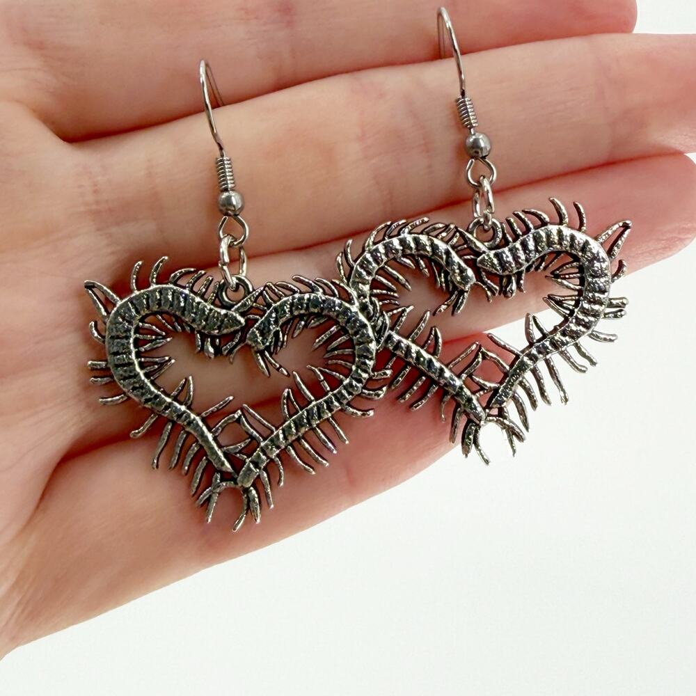 Goth Centipede Heart Earrings Silver Tone Dangle Creepy Cute Punk